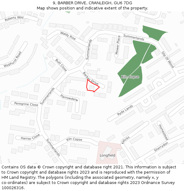 9, BARBER DRIVE, CRANLEIGH, GU6 7DG: Location map and indicative extent of plot