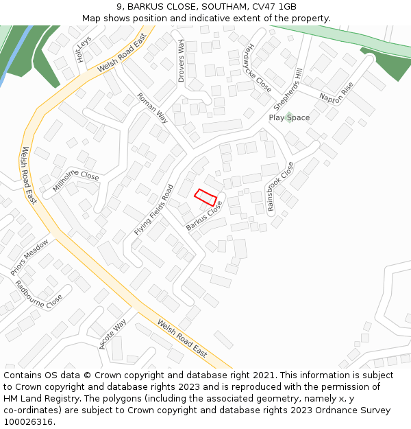 9, BARKUS CLOSE, SOUTHAM, CV47 1GB: Location map and indicative extent of plot