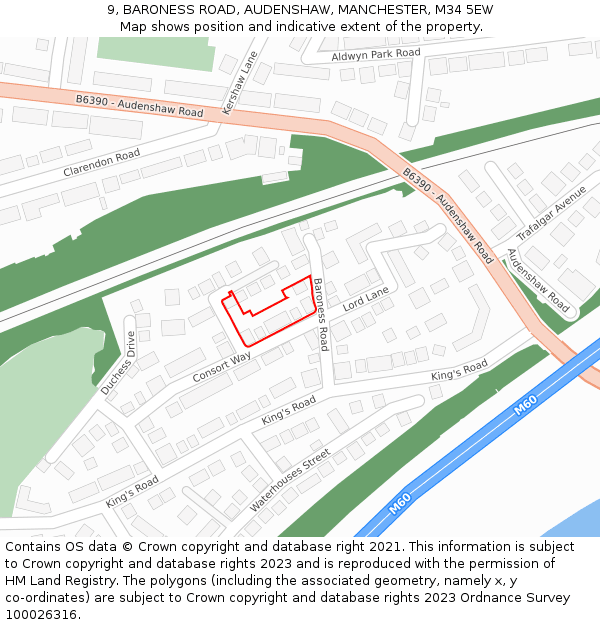 9, BARONESS ROAD, AUDENSHAW, MANCHESTER, M34 5EW: Location map and indicative extent of plot