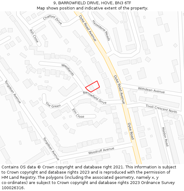 9, BARROWFIELD DRIVE, HOVE, BN3 6TF: Location map and indicative extent of plot