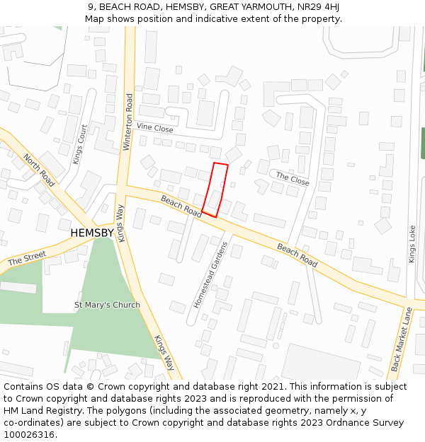 9, BEACH ROAD, HEMSBY, GREAT YARMOUTH, NR29 4HJ: Location map and indicative extent of plot