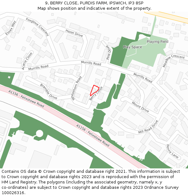 9, BERRY CLOSE, PURDIS FARM, IPSWICH, IP3 8SP: Location map and indicative extent of plot