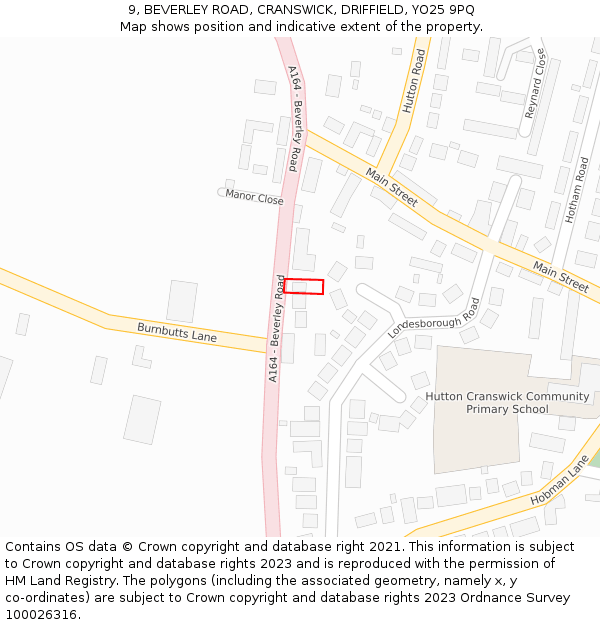 9, BEVERLEY ROAD, CRANSWICK, DRIFFIELD, YO25 9PQ: Location map and indicative extent of plot