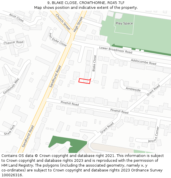 9, BLAKE CLOSE, CROWTHORNE, RG45 7LF: Location map and indicative extent of plot