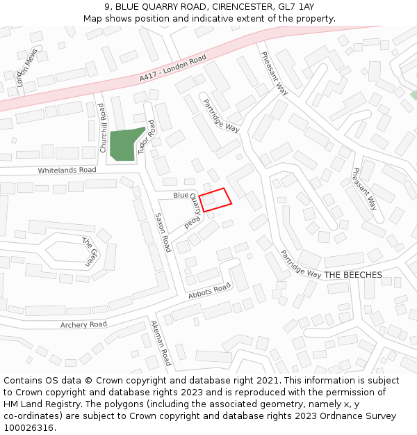 9, BLUE QUARRY ROAD, CIRENCESTER, GL7 1AY: Location map and indicative extent of plot