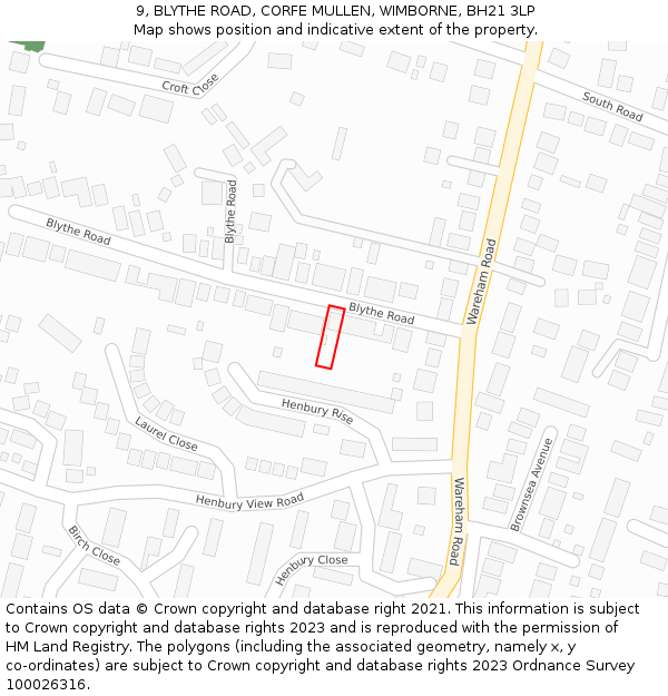 9, BLYTHE ROAD, CORFE MULLEN, WIMBORNE, BH21 3LP: Location map and indicative extent of plot