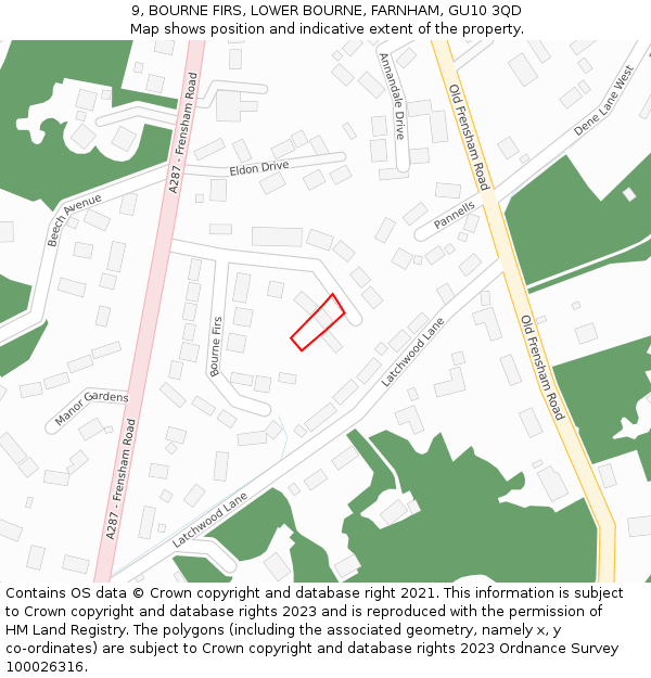 9, BOURNE FIRS, LOWER BOURNE, FARNHAM, GU10 3QD: Location map and indicative extent of plot