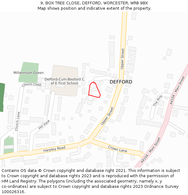 9, BOX TREE CLOSE, DEFFORD, WORCESTER, WR8 9BX: Location map and indicative extent of plot