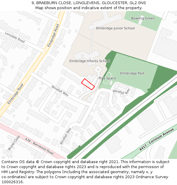 9, BRAEBURN CLOSE, LONGLEVENS, GLOUCESTER, GL2 0NS: Location map and indicative extent of plot