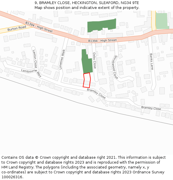 9, BRAMLEY CLOSE, HECKINGTON, SLEAFORD, NG34 9TE: Location map and indicative extent of plot