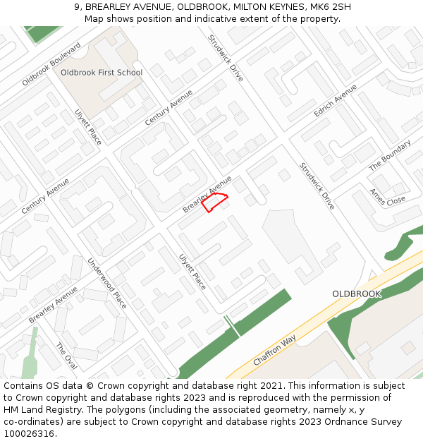 9, BREARLEY AVENUE, OLDBROOK, MILTON KEYNES, MK6 2SH: Location map and indicative extent of plot