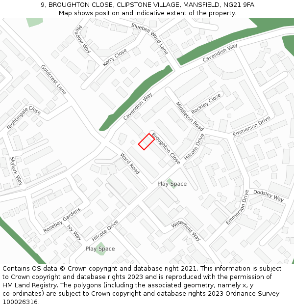 9, BROUGHTON CLOSE, CLIPSTONE VILLAGE, MANSFIELD, NG21 9FA: Location map and indicative extent of plot