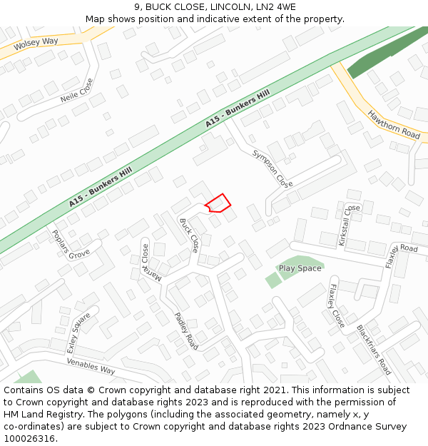 9, BUCK CLOSE, LINCOLN, LN2 4WE: Location map and indicative extent of plot