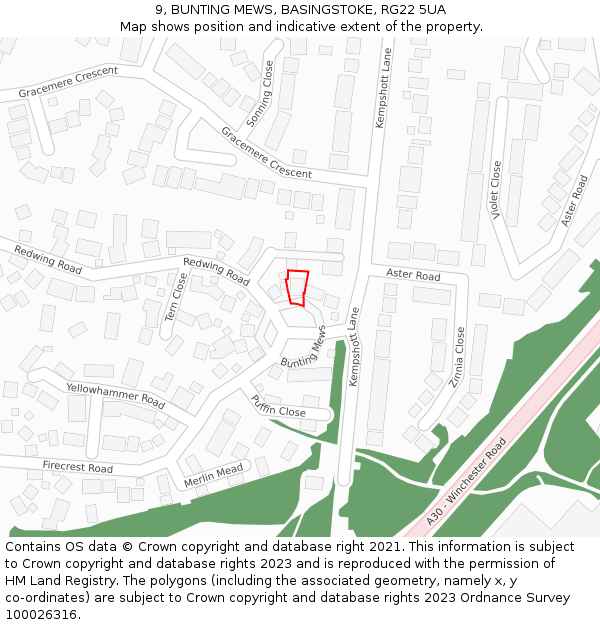 9, BUNTING MEWS, BASINGSTOKE, RG22 5UA: Location map and indicative extent of plot