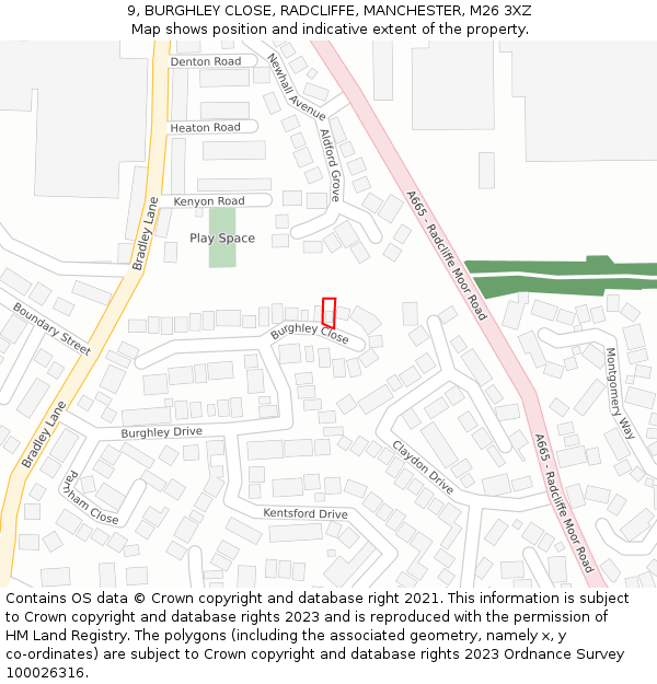 9, BURGHLEY CLOSE, RADCLIFFE, MANCHESTER, M26 3XZ: Location map and indicative extent of plot