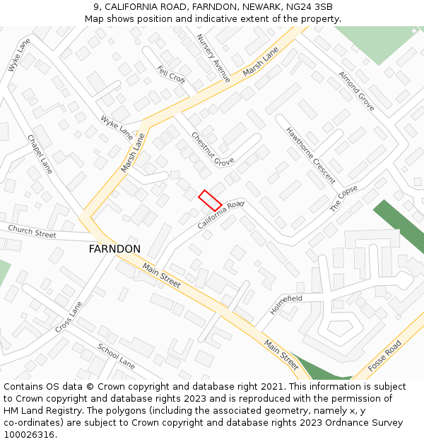 9, CALIFORNIA ROAD, FARNDON, NEWARK, NG24 3SB: Location map and indicative extent of plot