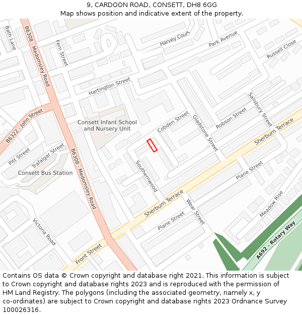 9, CARDOON ROAD, CONSETT, DH8 6GG: Location map and indicative extent of plot