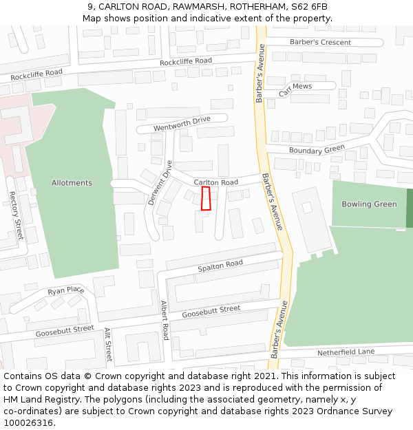 9, CARLTON ROAD, RAWMARSH, ROTHERHAM, S62 6FB: Location map and indicative extent of plot