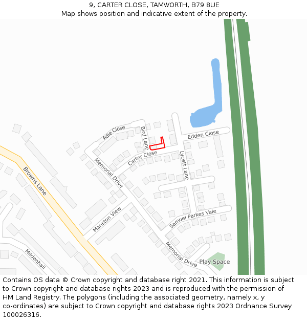 9, CARTER CLOSE, TAMWORTH, B79 8UE: Location map and indicative extent of plot