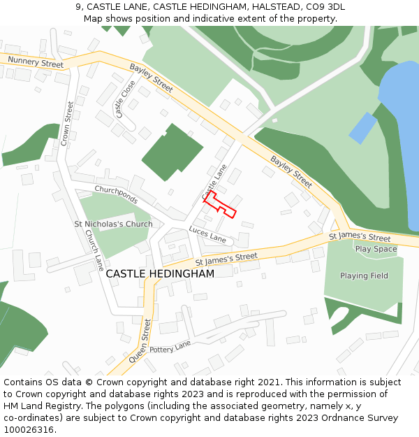 9, CASTLE LANE, CASTLE HEDINGHAM, HALSTEAD, CO9 3DL: Location map and indicative extent of plot