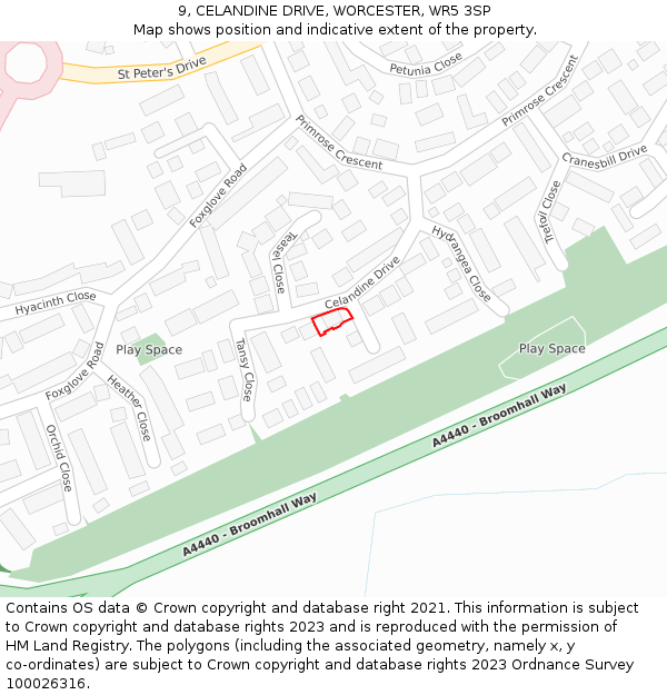 9, CELANDINE DRIVE, WORCESTER, WR5 3SP: Location map and indicative extent of plot