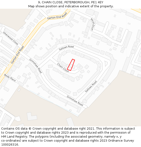 9, CHAIN CLOSE, PETERBOROUGH, PE1 4EY: Location map and indicative extent of plot