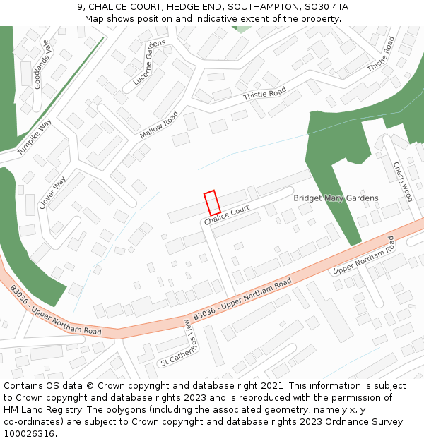 9, CHALICE COURT, HEDGE END, SOUTHAMPTON, SO30 4TA: Location map and indicative extent of plot