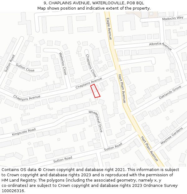 9, CHAPLAINS AVENUE, WATERLOOVILLE, PO8 8QL: Location map and indicative extent of plot