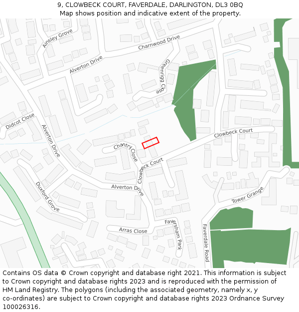 9, CLOWBECK COURT, FAVERDALE, DARLINGTON, DL3 0BQ: Location map and indicative extent of plot