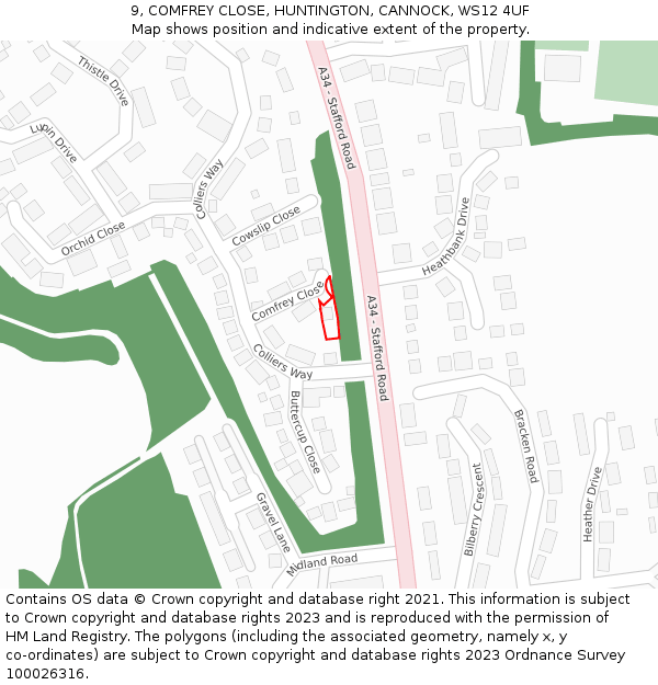 9, COMFREY CLOSE, HUNTINGTON, CANNOCK, WS12 4UF: Location map and indicative extent of plot