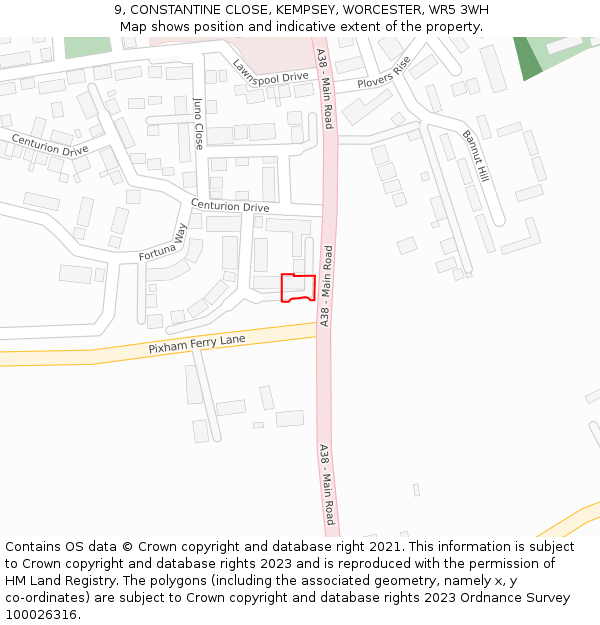 9, CONSTANTINE CLOSE, KEMPSEY, WORCESTER, WR5 3WH: Location map and indicative extent of plot