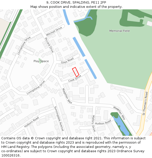 9, COOK DRIVE, SPALDING, PE11 2FP: Location map and indicative extent of plot