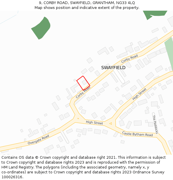 9, CORBY ROAD, SWAYFIELD, GRANTHAM, NG33 4LQ: Location map and indicative extent of plot