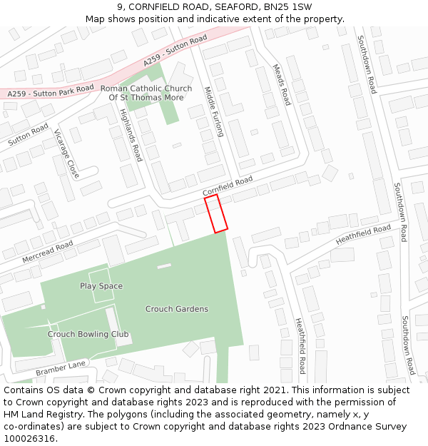 9, CORNFIELD ROAD, SEAFORD, BN25 1SW: Location map and indicative extent of plot