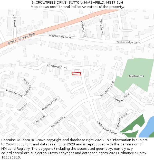 9, CROWTREES DRIVE, SUTTON-IN-ASHFIELD, NG17 1LH: Location map and indicative extent of plot