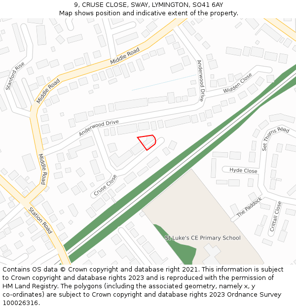 9, CRUSE CLOSE, SWAY, LYMINGTON, SO41 6AY: Location map and indicative extent of plot