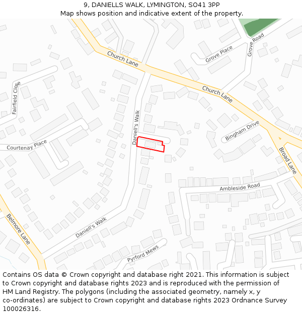 9, DANIELLS WALK, LYMINGTON, SO41 3PP: Location map and indicative extent of plot