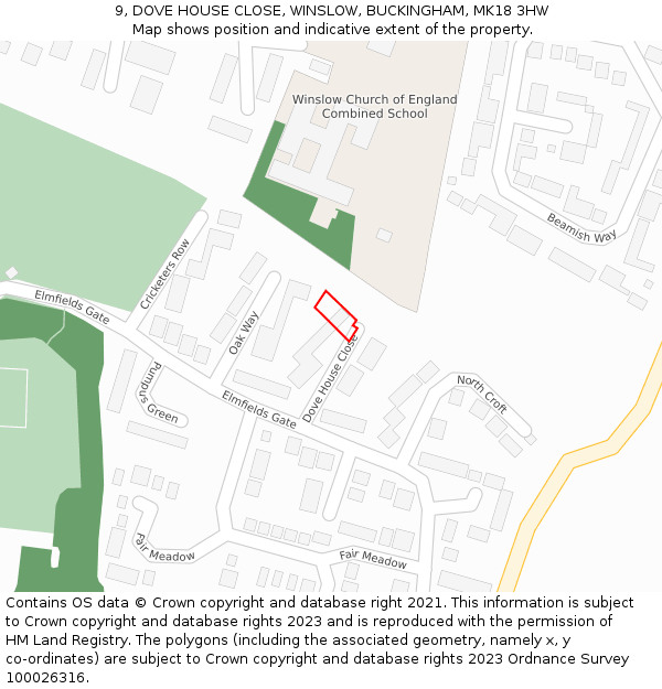 9, DOVE HOUSE CLOSE, WINSLOW, BUCKINGHAM, MK18 3HW: Location map and indicative extent of plot