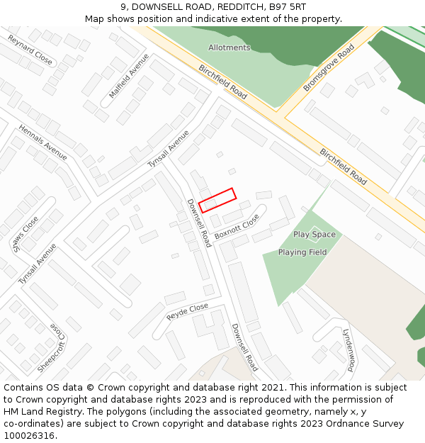 9, DOWNSELL ROAD, REDDITCH, B97 5RT: Location map and indicative extent of plot