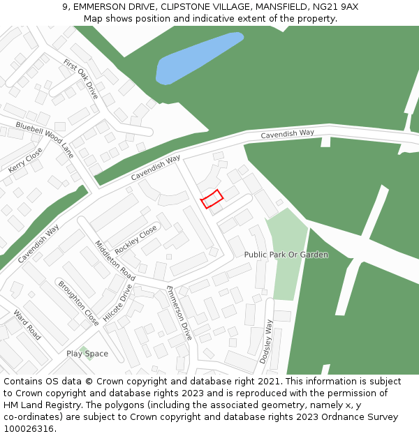 9, EMMERSON DRIVE, CLIPSTONE VILLAGE, MANSFIELD, NG21 9AX: Location map and indicative extent of plot