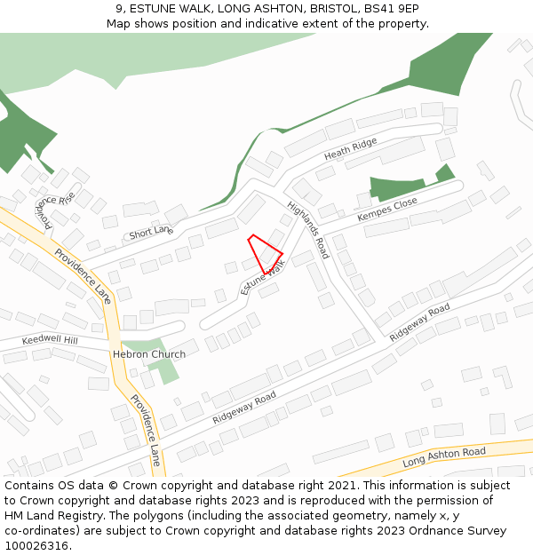 9, ESTUNE WALK, LONG ASHTON, BRISTOL, BS41 9EP: Location map and indicative extent of plot