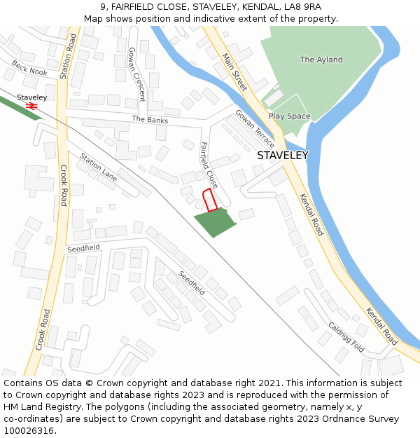 9, FAIRFIELD CLOSE, STAVELEY, KENDAL, LA8 9RA: Location map and indicative extent of plot