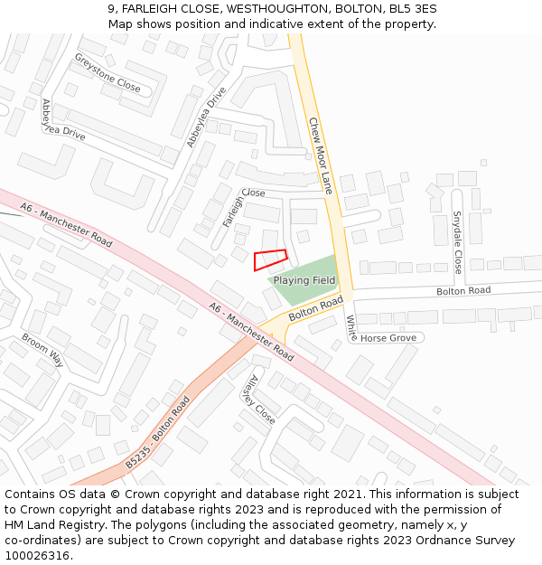 9, FARLEIGH CLOSE, WESTHOUGHTON, BOLTON, BL5 3ES: Location map and indicative extent of plot