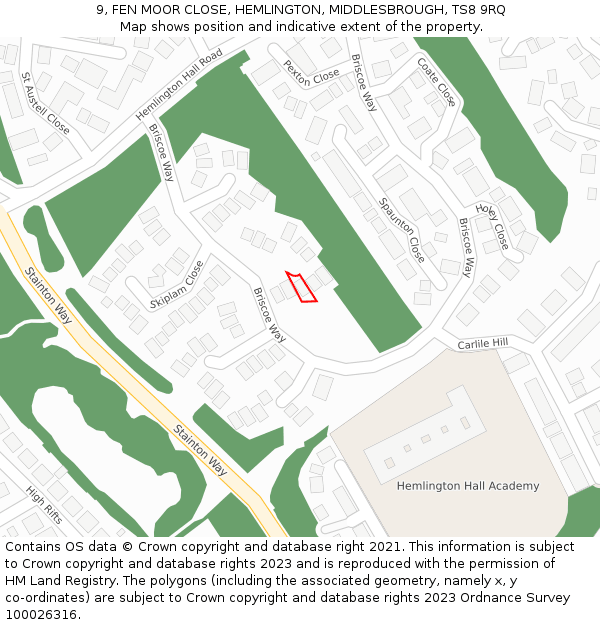 9, FEN MOOR CLOSE, HEMLINGTON, MIDDLESBROUGH, TS8 9RQ: Location map and indicative extent of plot