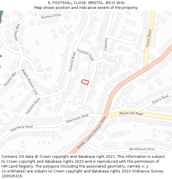 9, FOOTSHILL CLOSE, BRISTOL, BS15 8HG: Location map and indicative extent of plot