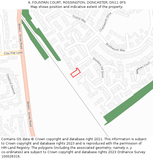 9, FOUNTAIN COURT, ROSSINGTON, DONCASTER, DN11 0FS: Location map and indicative extent of plot