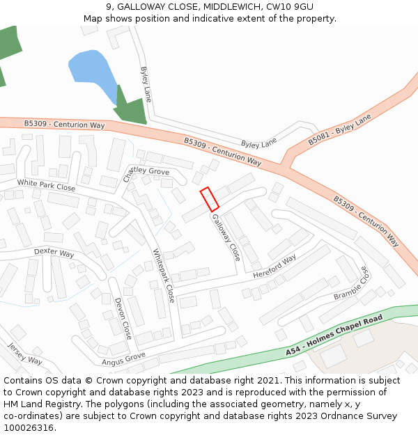 9, GALLOWAY CLOSE, MIDDLEWICH, CW10 9GU: Location map and indicative extent of plot