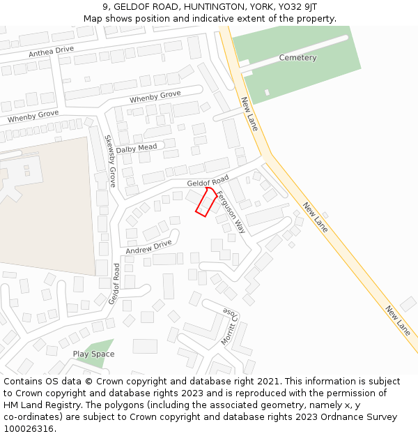 9, GELDOF ROAD, HUNTINGTON, YORK, YO32 9JT: Location map and indicative extent of plot