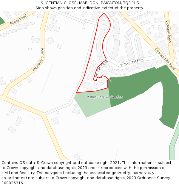 9, GENTIAN CLOSE, MARLDON, PAIGNTON, TQ3 1LS: Location map and indicative extent of plot