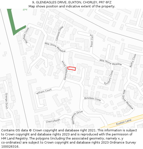 9, GLENEAGLES DRIVE, EUXTON, CHORLEY, PR7 6FZ: Location map and indicative extent of plot